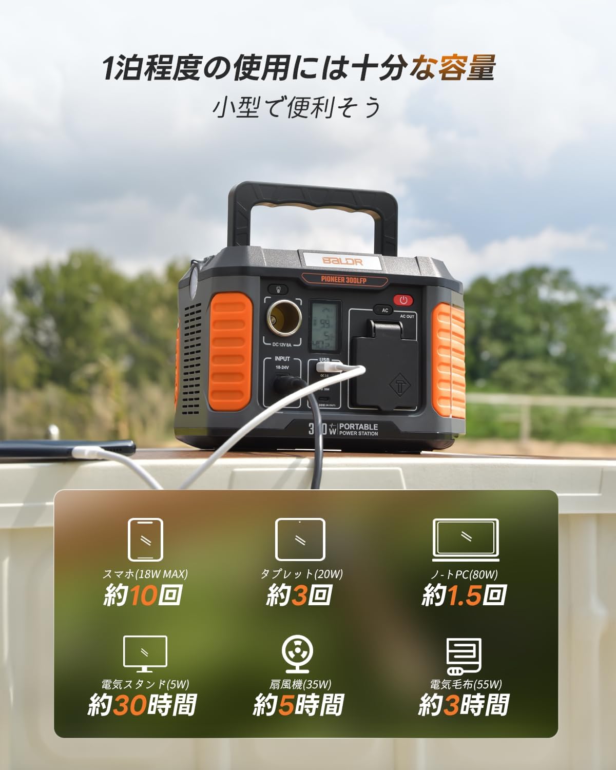 BALDR 300LFP リン酸鉄ポータブル電源 40Wソーラーパネルセット 6倍超長寿命 蓄電池 1.5時間急速充電 10年耐久性 /DC/USB/PD出力 PSE認証 太陽光パネル ETFE 23.5%高変換効率 IP65防水 50/60Hz切替 家庭用 キャンプ 停電台風対策 (300W+40W)